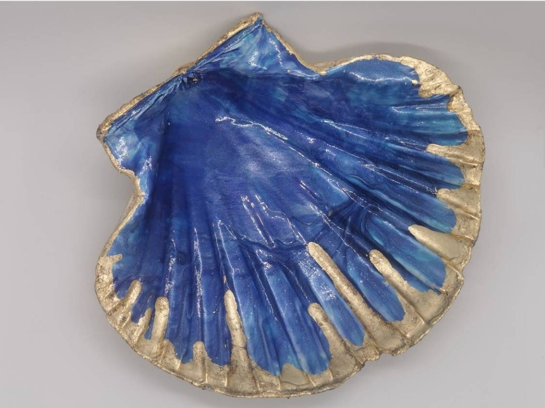 Scallop Shell Trinket Dish - Deep Ocean marble with gold drop edging | Jewellery Dish | Ring Dish | Handcrafted in UK