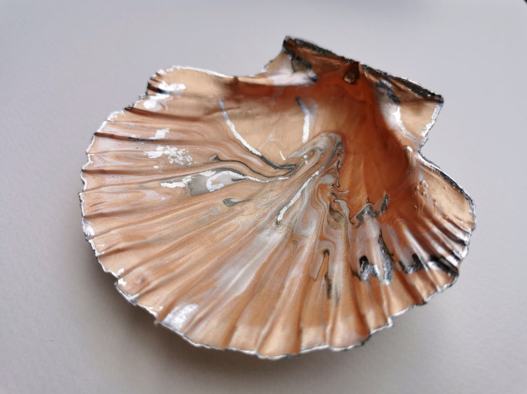 Scallop Shell Trinket Dish - Sunset marble with silver leaf edging | Jewellery Dish | Ring Dish | Handcrafted in UK