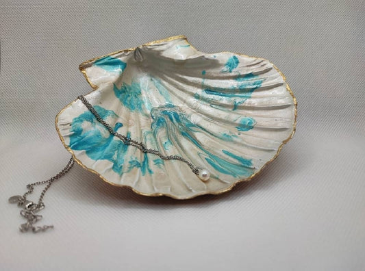 Scallop Shell Trinket Dish - Tropical splash with gold leaf edging | Jewellery Dish | Ring Dish | Handcrafted in UK