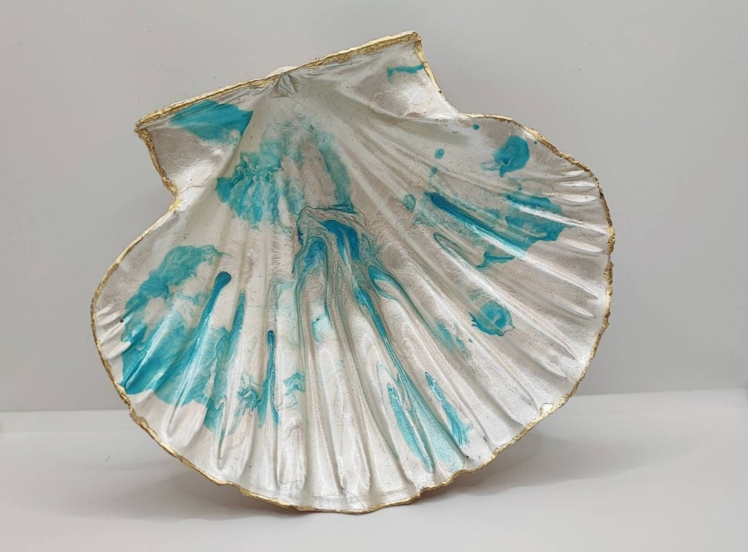 Scallop Shell Trinket Dish - Tropical splash with gold leaf edging | Jewellery Dish | Ring Dish | Handcrafted in UK