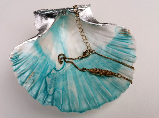 Scallop Shell Trinket Dish - Tropical waves with silver leaf edging | Jewellery Dish | Ring Dish | Handcrafted in UK