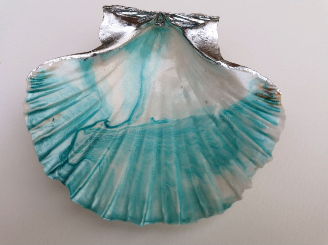 Scallop Shell Trinket Dish - Tropical waves with silver leaf edging | Jewellery Dish | Ring Dish | Handcrafted in UK