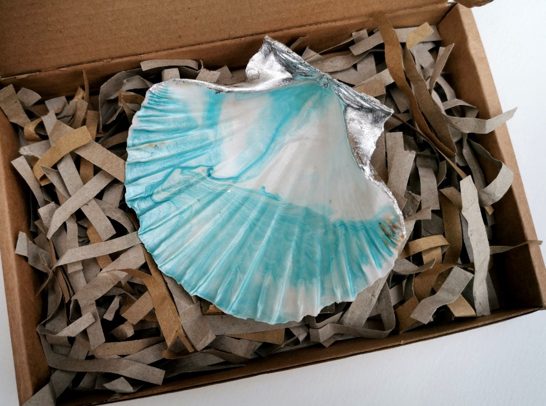 Scallop Shell Trinket Dish - Tropical waves with silver leaf edging | Jewellery Dish | Ring Dish | Handcrafted in UK